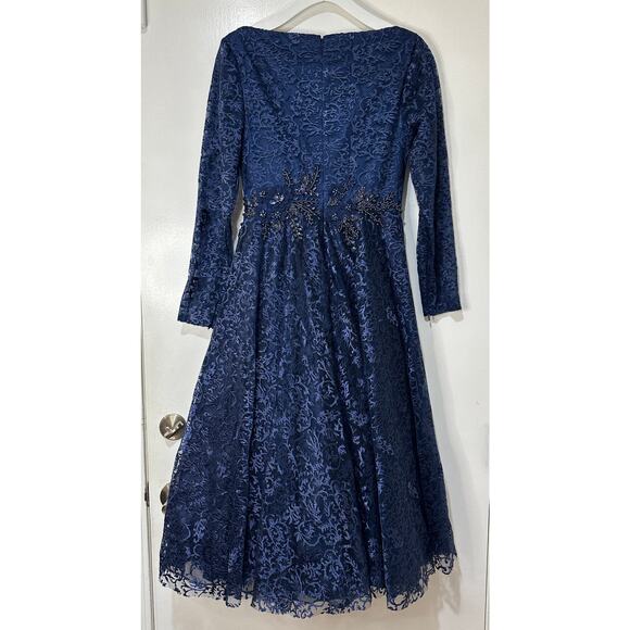 Mac Duggal Floral Waist Long Sleeve Dress Navy Size 6 NWT 112181 Elegant MOB - Picture 11 of 16